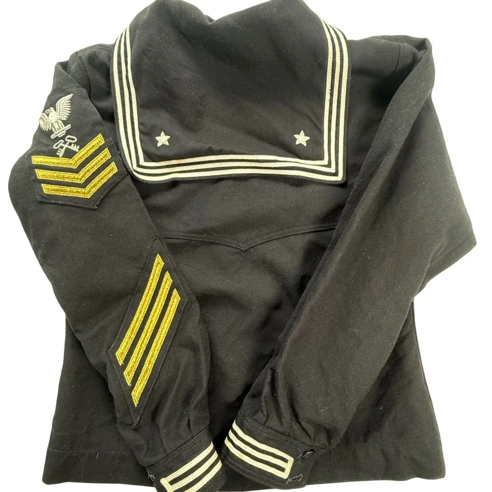 Vintage US Navy Black Wool Sailor Jumper Crackerjack Top Eagle Rating Badge‎ 38R